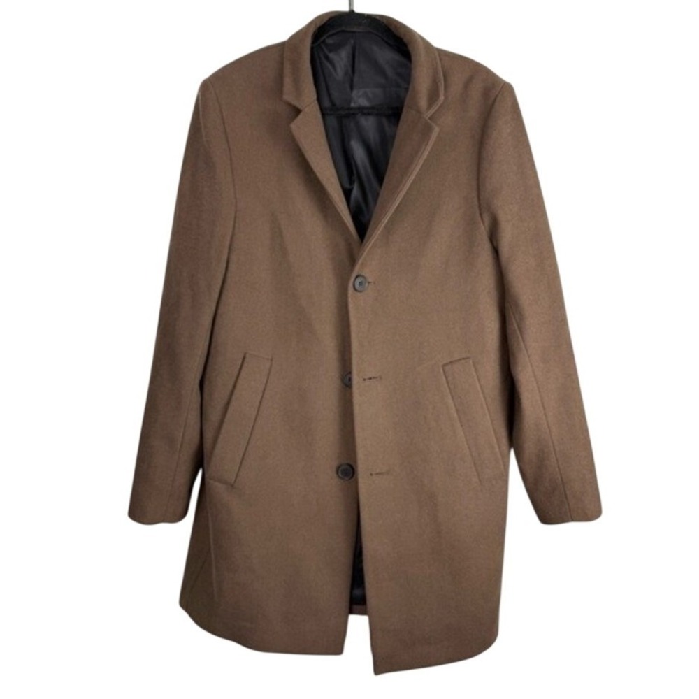 H&M Men Camel Brown‎ Wool Blend Overcoat 38R Long Sleeve Button Jacket